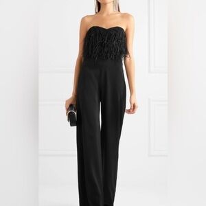 Saloni jumpsuit black size 2 Aurelie feather trimmed cady strapless fairy core